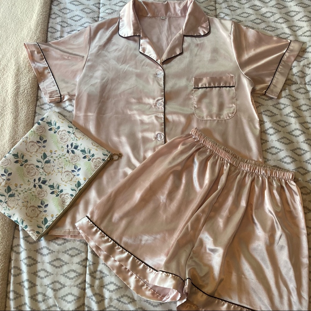Light Pink Silky Smooth Pajamas with Black Piping, Button Down Top